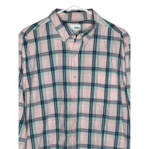 Sonoma men's pink plaid button down dress shirt size XL - Picture 3 of 6